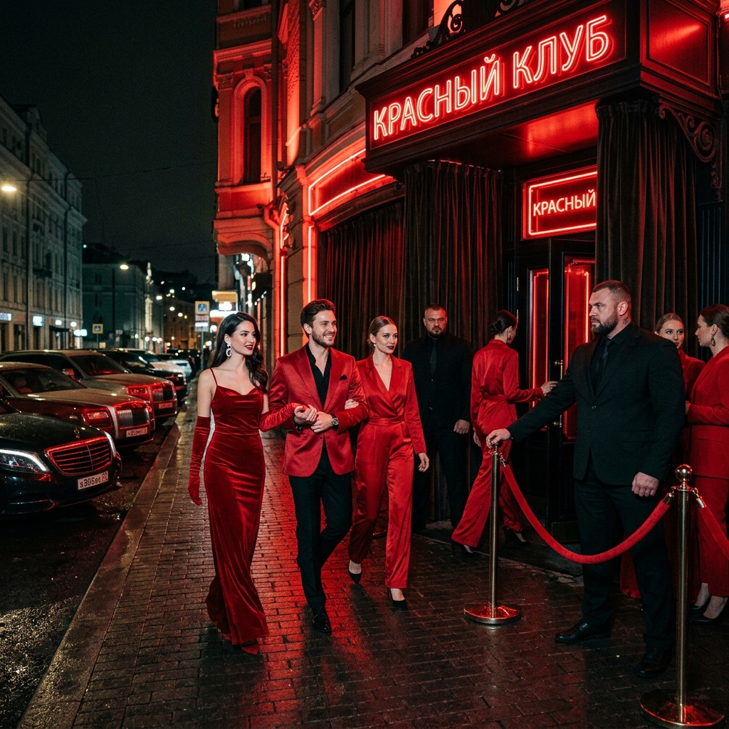 An exclusive club entrance with red lighting and strict bouncers