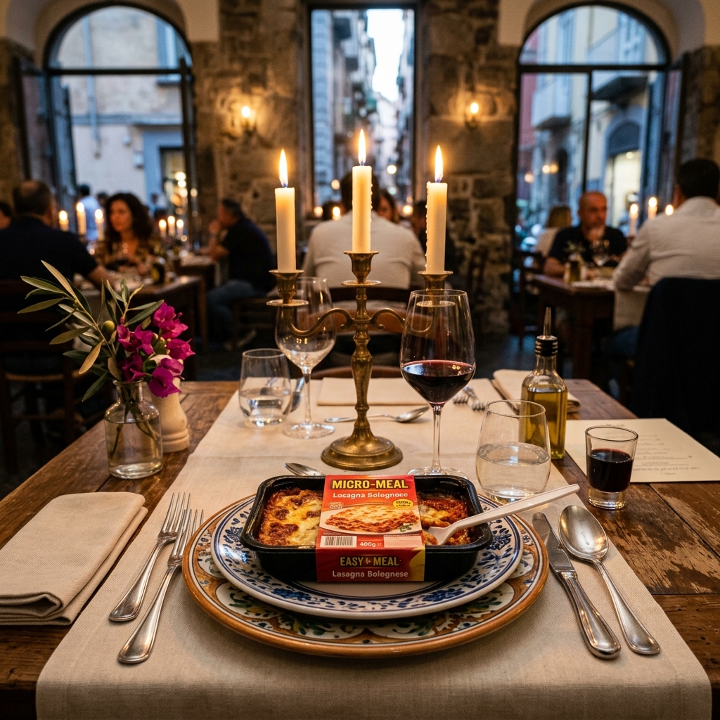 A romantic candlelit dinner table served with supermarket frozen microwave trays