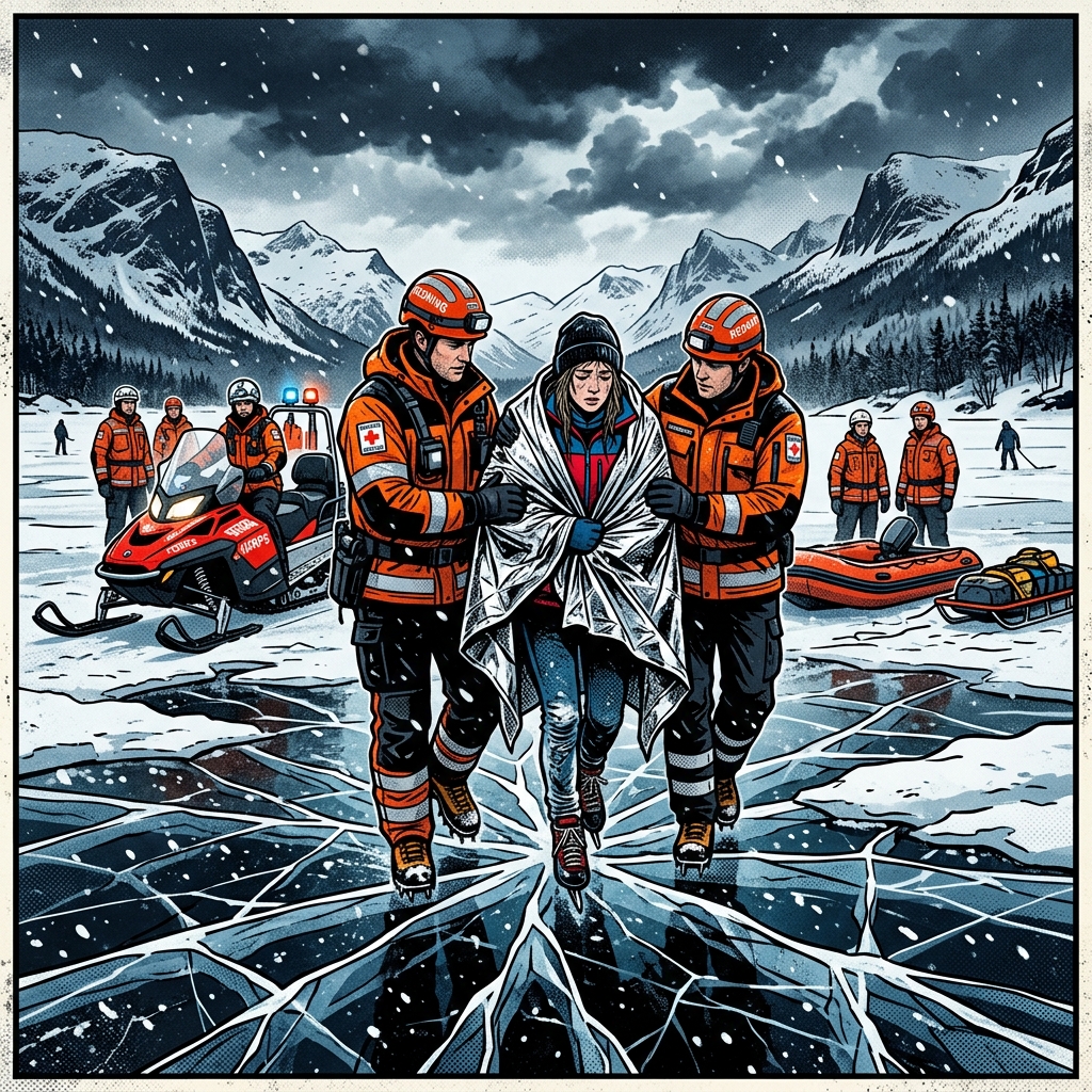 Rescue workers assisting a British ice skater on a frozen Norwegian lake