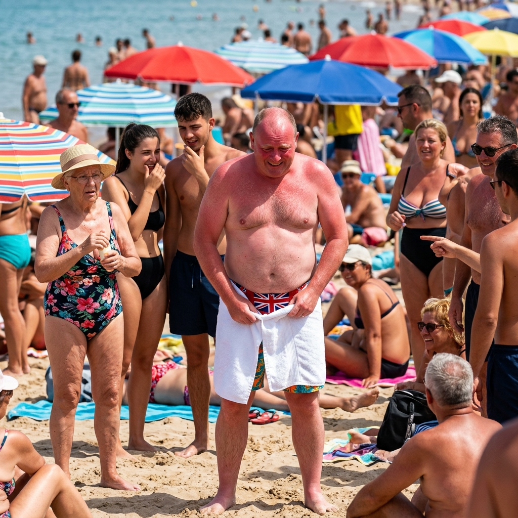 A man standing awkwardly behind a small towel on a crowded Spanish beach