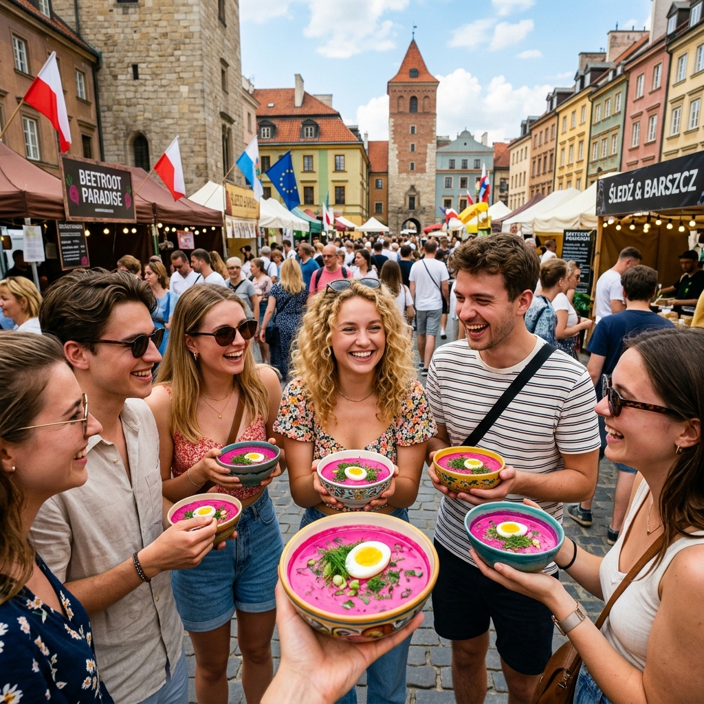 A smiling woman at a sunny outdoor festival holding a bowl of bright pink soup