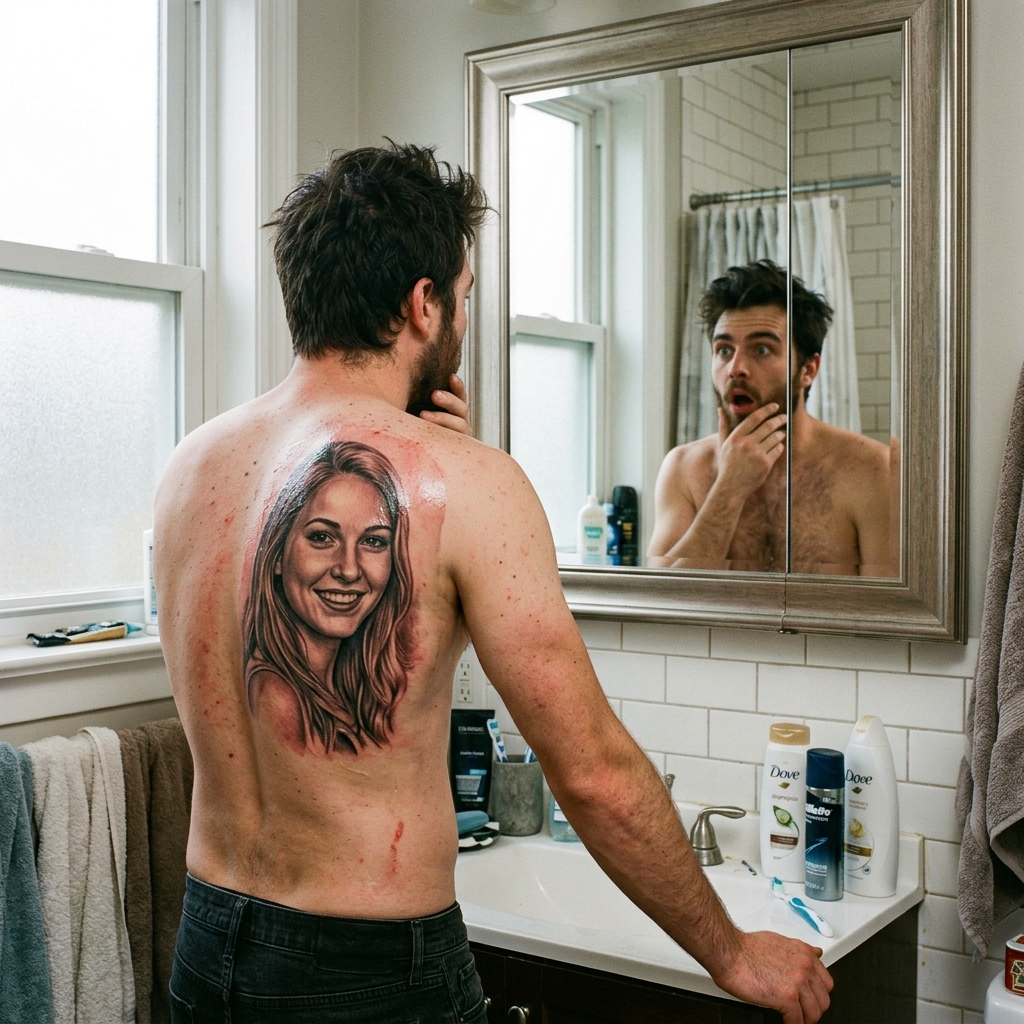 A Polish man looking shocked at a regrettable portrait tattoo of his ex-wife on his back