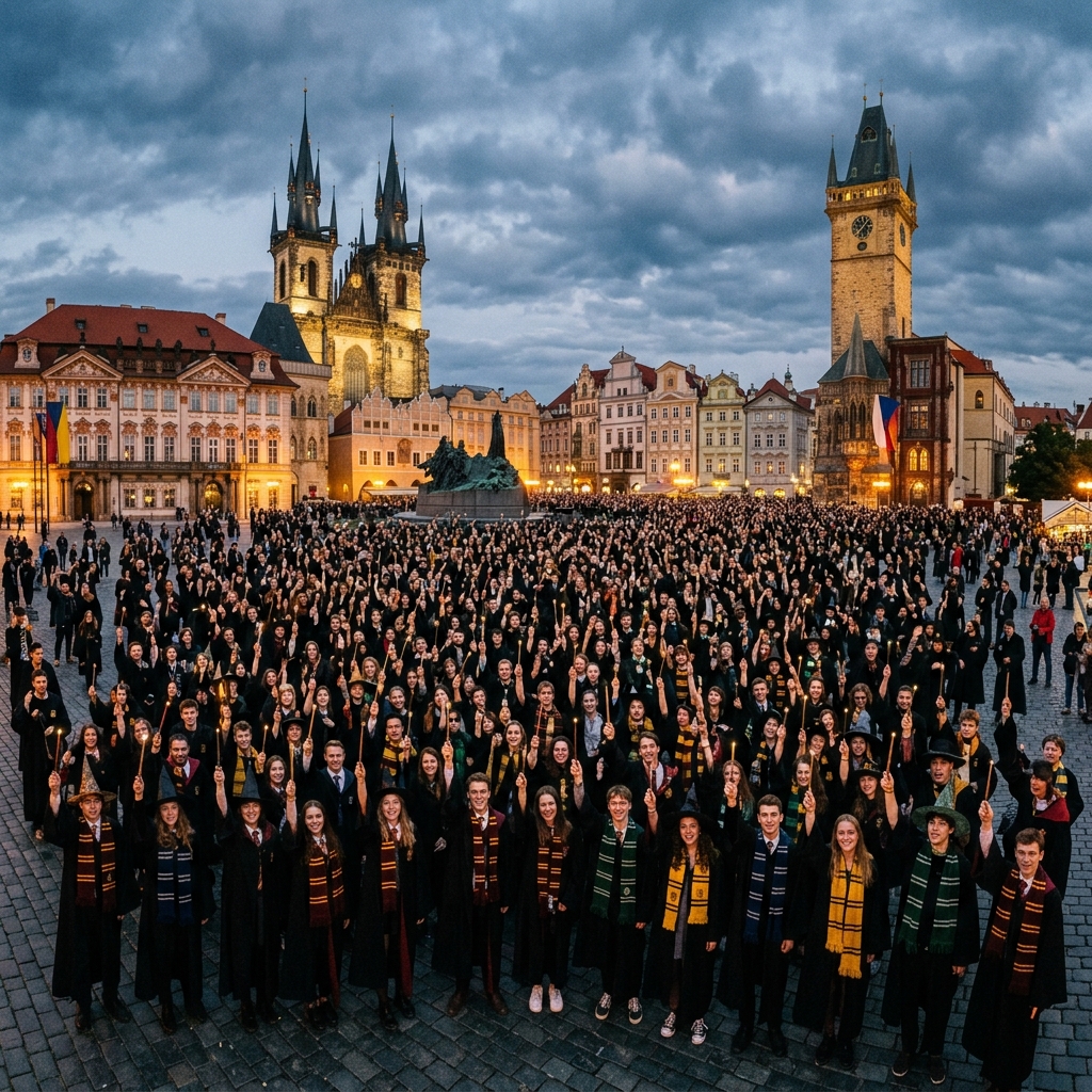 Image of thousands of Harry Potter fans raising wands in Prague's Old Town Square