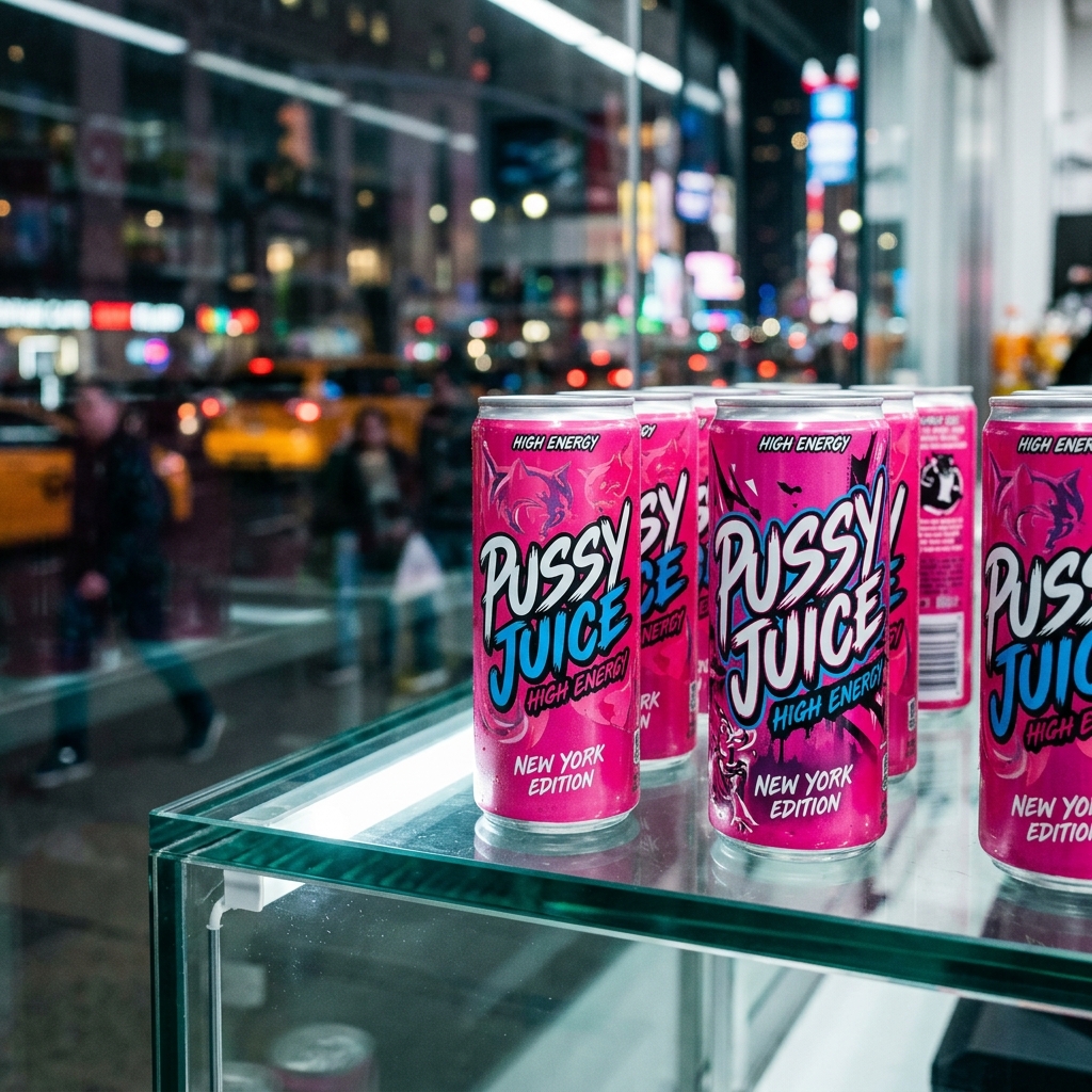 A display of energy drink cans with a controversial brand name
