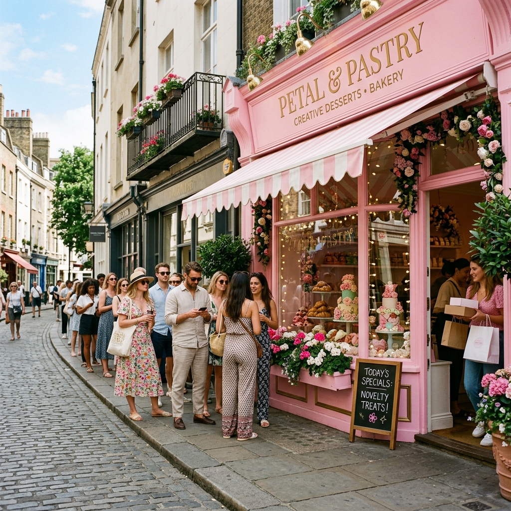 A group of people waiting outside a brightly decorated novelty bakery storefront