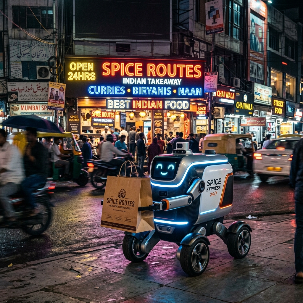 A sleek robot delivery drone carrying a bag of Indian takeaway food through a city street