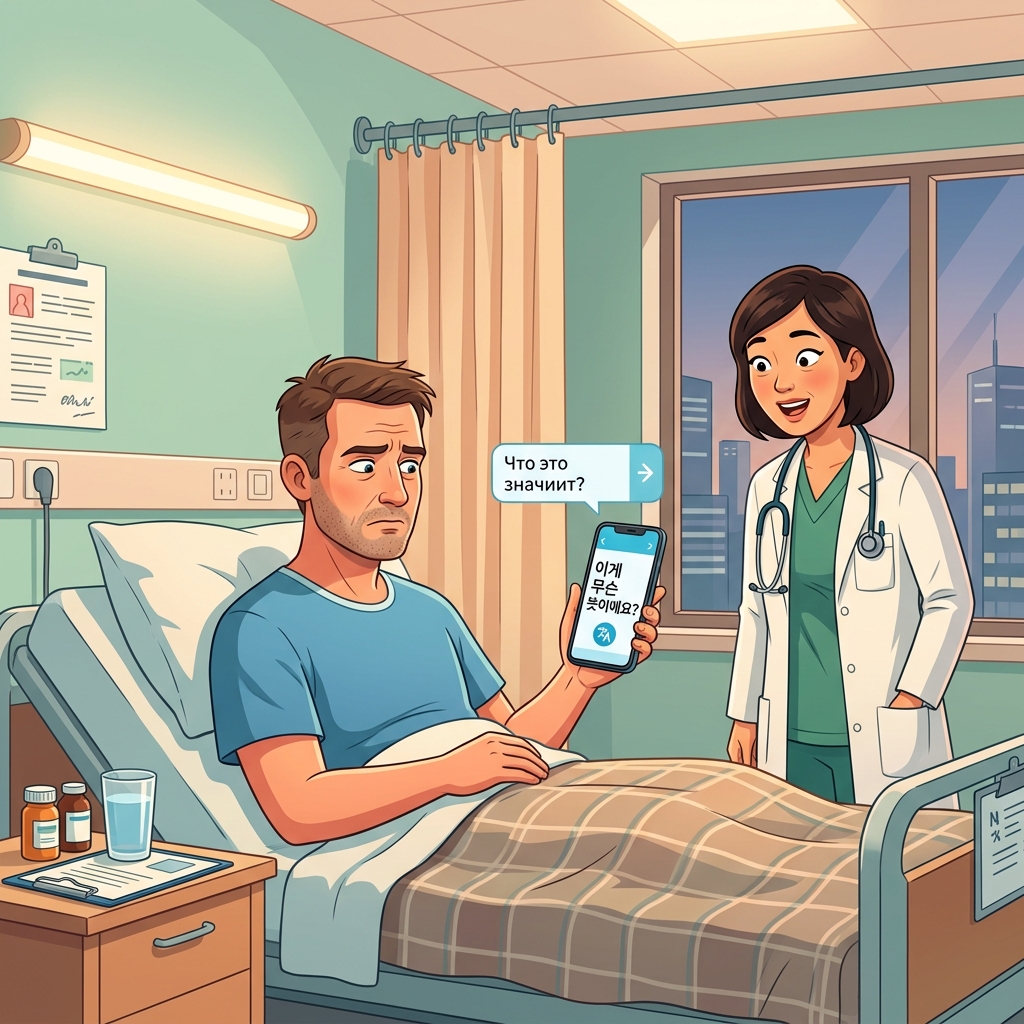 Confused Russian man in hospital translating Korean on his smartphone