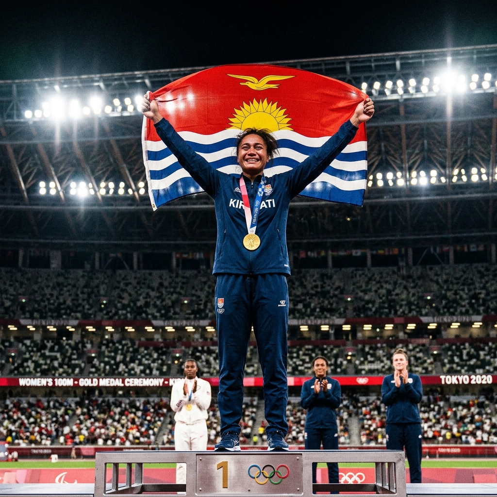 Proud athlete from a small nation standing on the Olympic podium with a medal