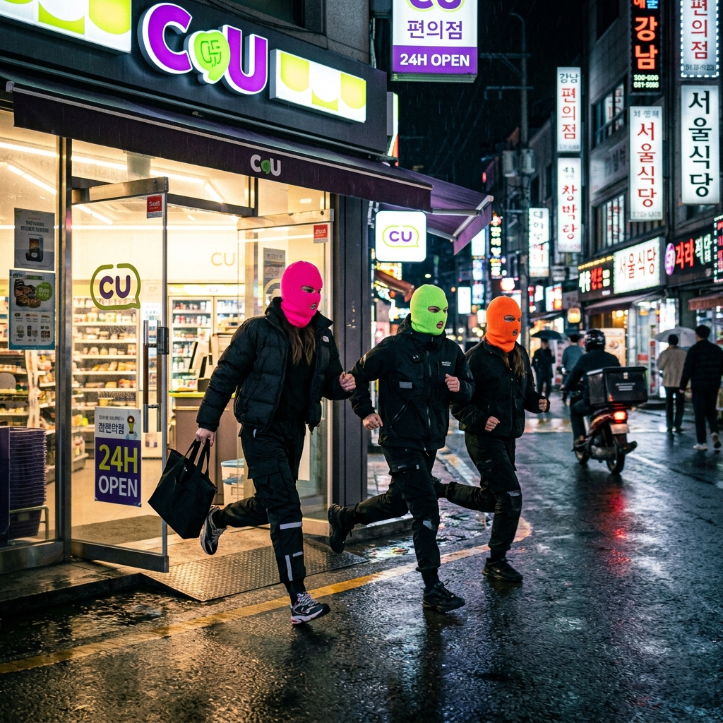 Three women in stylish balaclavas fleeing a convenience store in Seoul