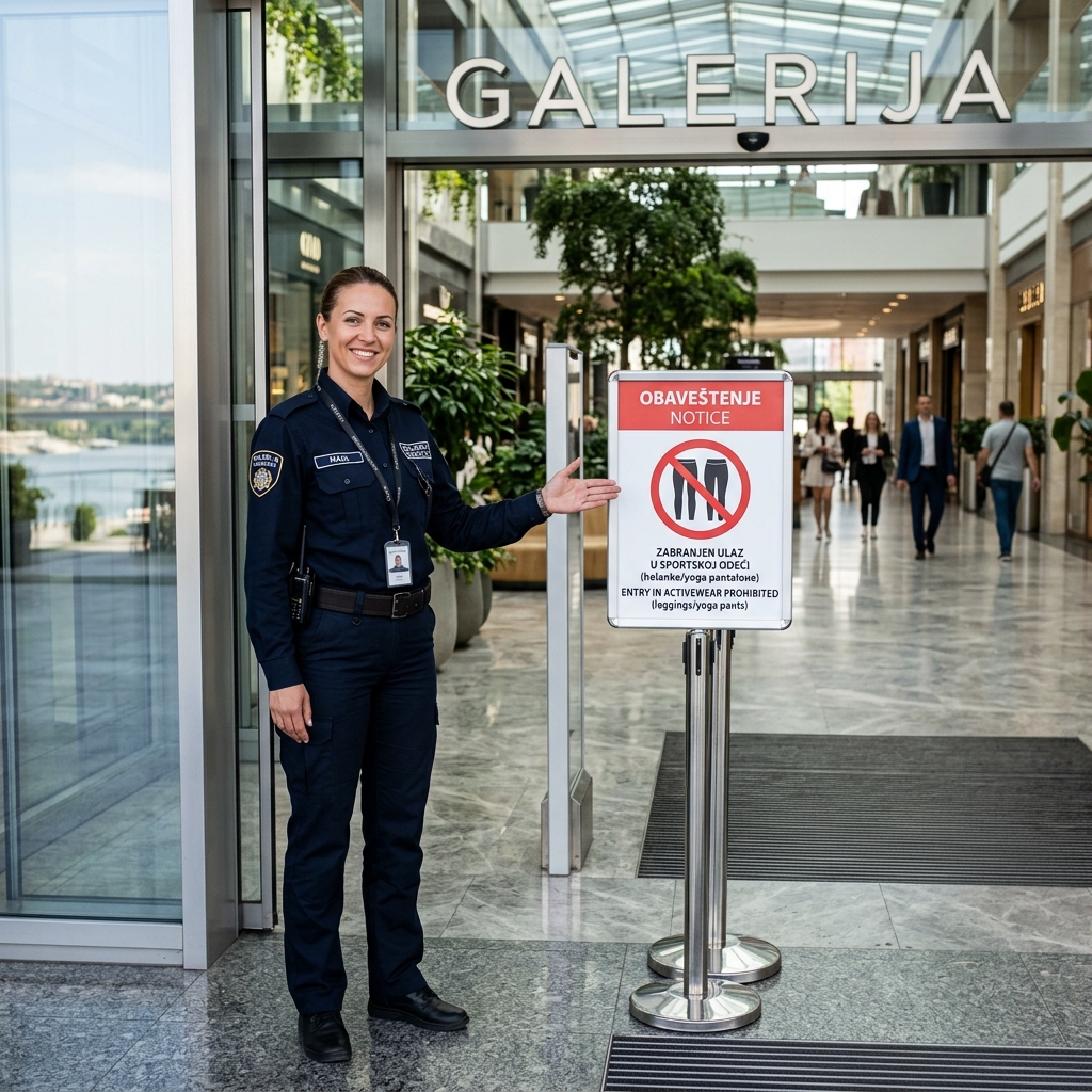A security guard at a luxury Serbian shopping centre pointing to activewear rule sign
