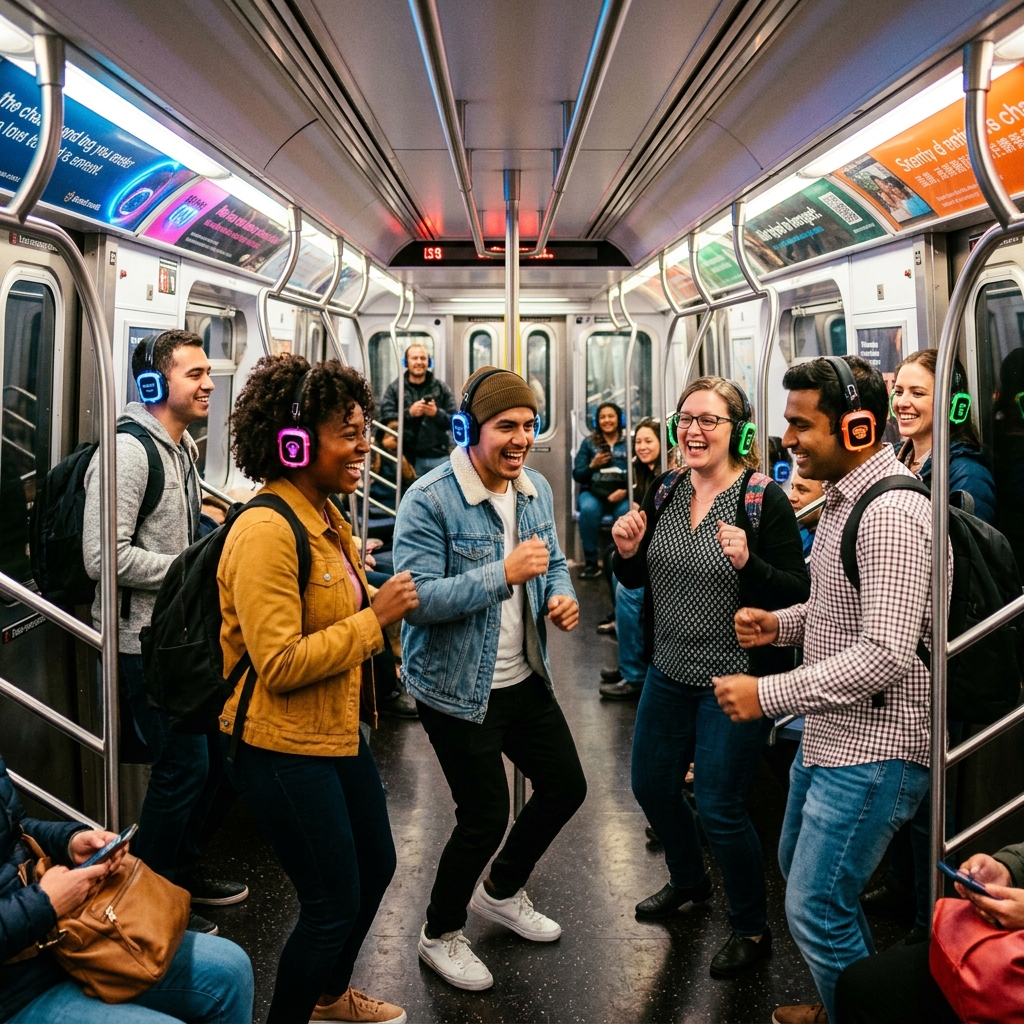 Happy daily commuters wearing wireless headphones dancing and smiling on a subway train