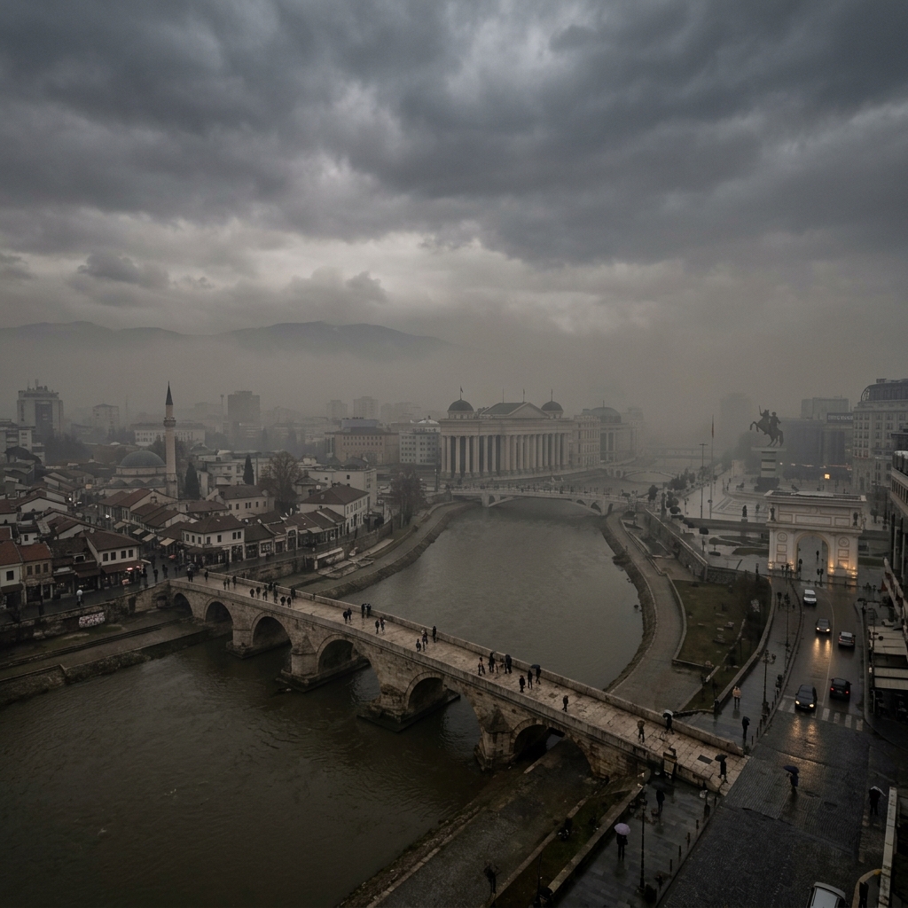 Image of Skopje's city centre covered in heavy, thick winter smog