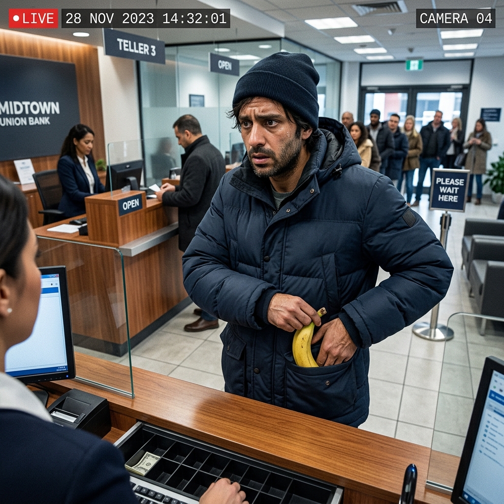 Image of a bank robber aggressively pointing a banana from inside his jacket pocket