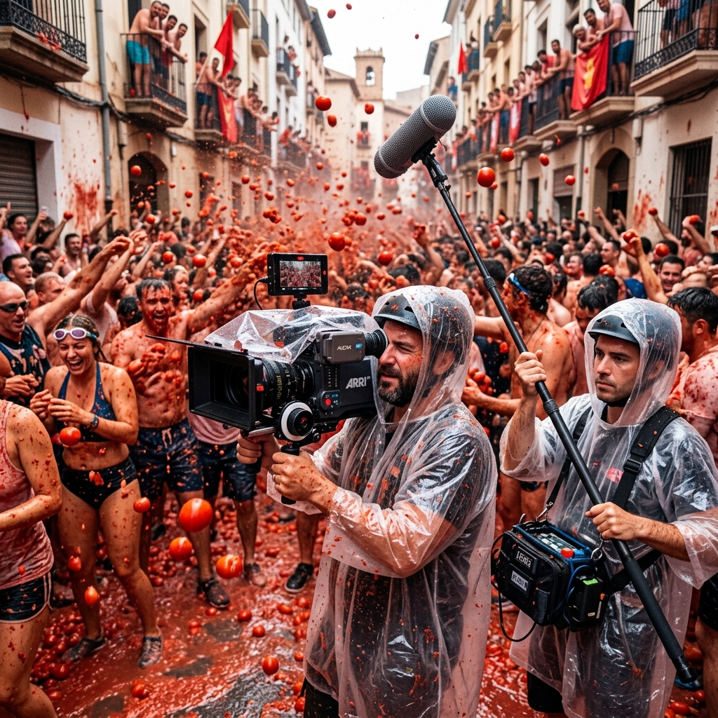 A film crew in plastic ponchos filming a massive crowd throwing tomatoes