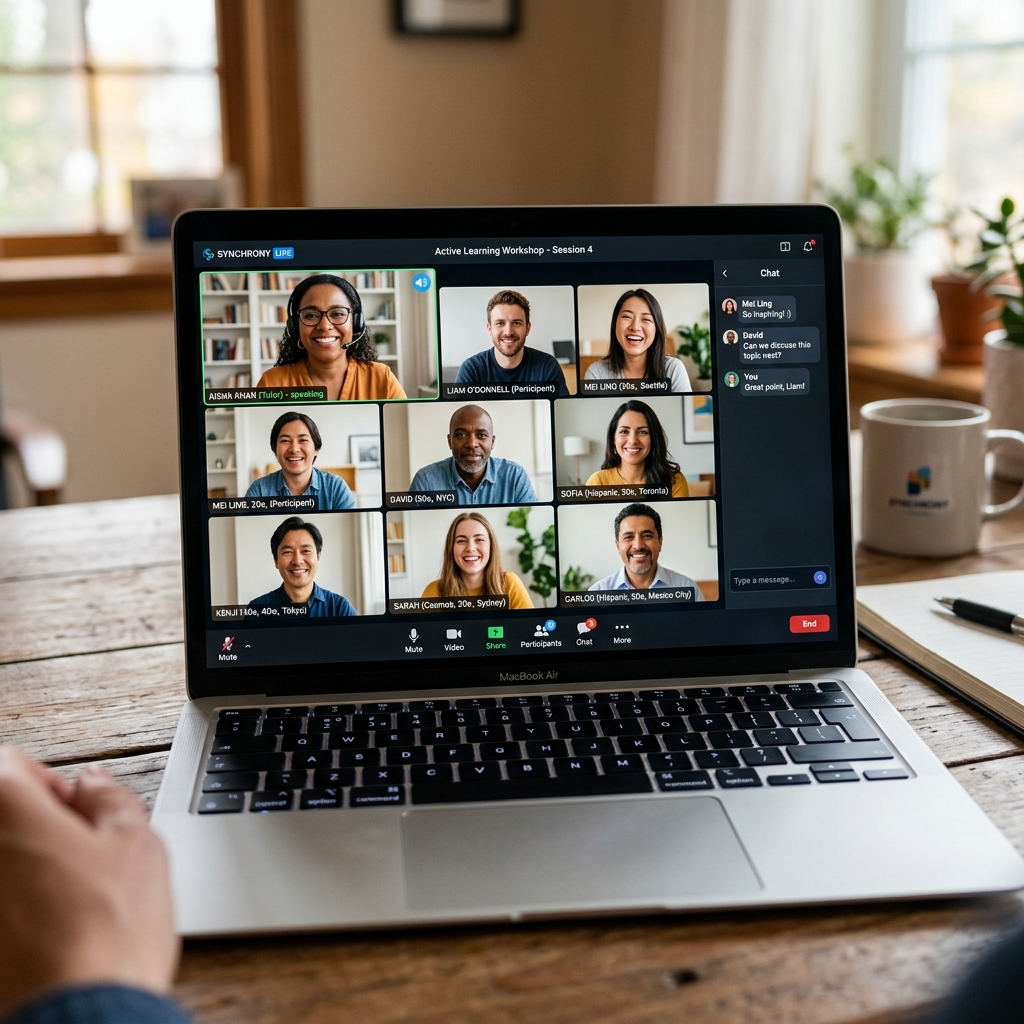 Diverse students interacting during an online English speaking club video call