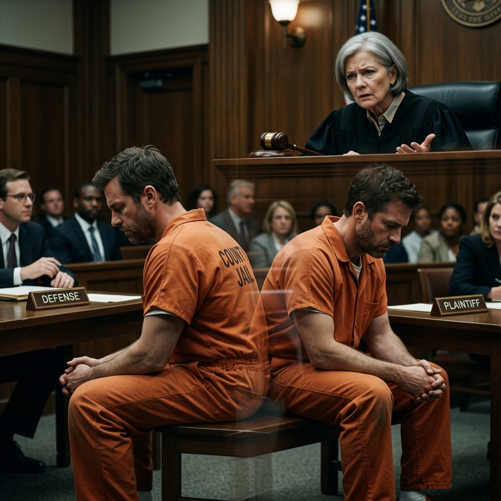 A man in prison jumpsuit symbolically sitting at both tables in a courtroom