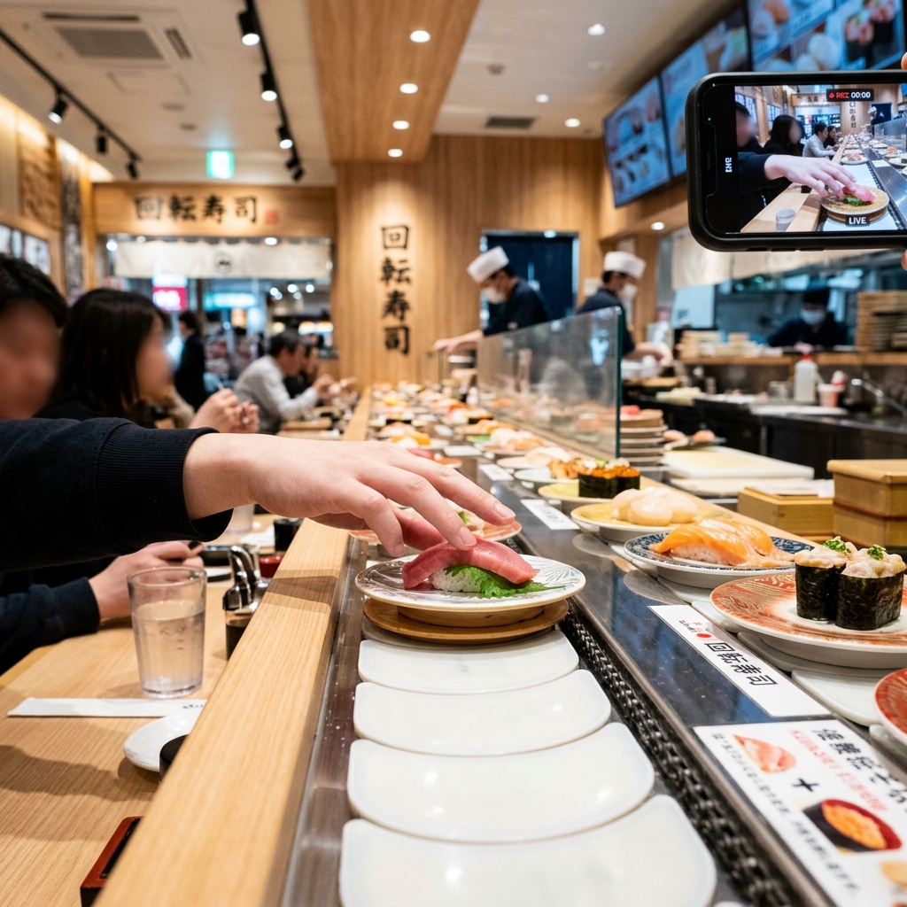A screenshot of a viral video showing someone touching revolving sushi