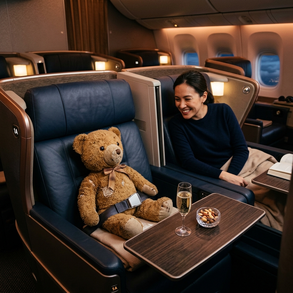 A teddy bear strapped into a first-class plane seat with a glass of champagne