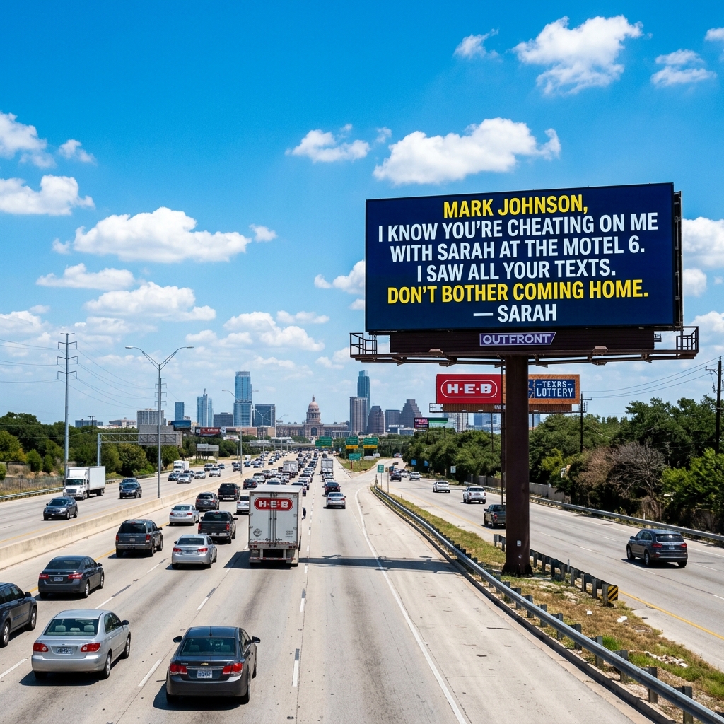 A massive electronic highway billboard showing a wife's message exposing her husband