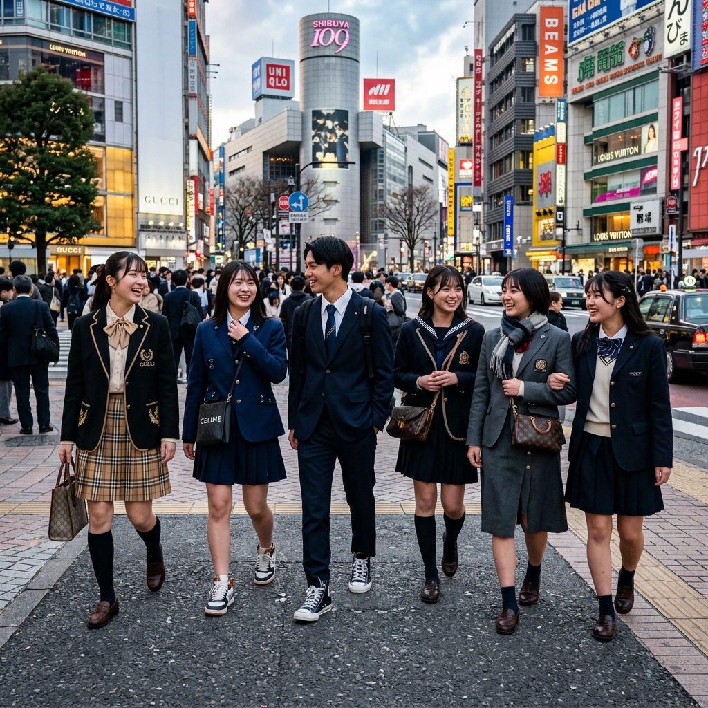 Japanese primary school children in luxury tailored designer school uniforms