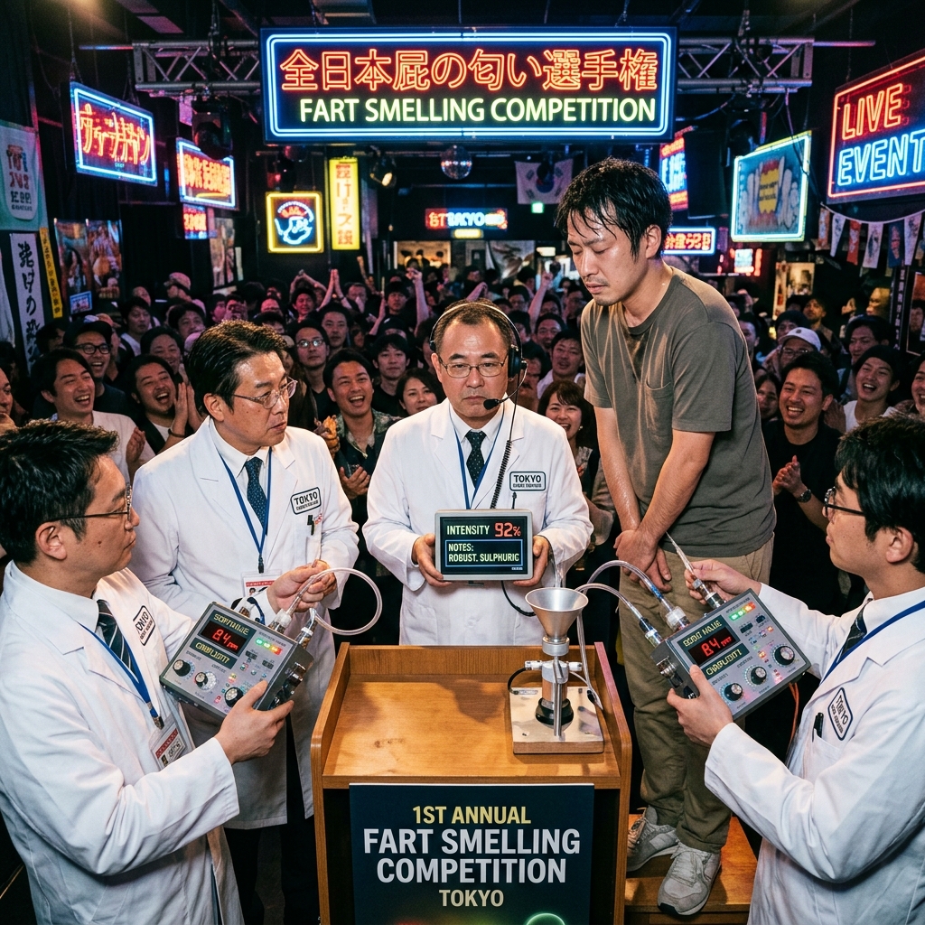 A humorous scene of judges in lab coats at a fart smelling competition in Tokyo