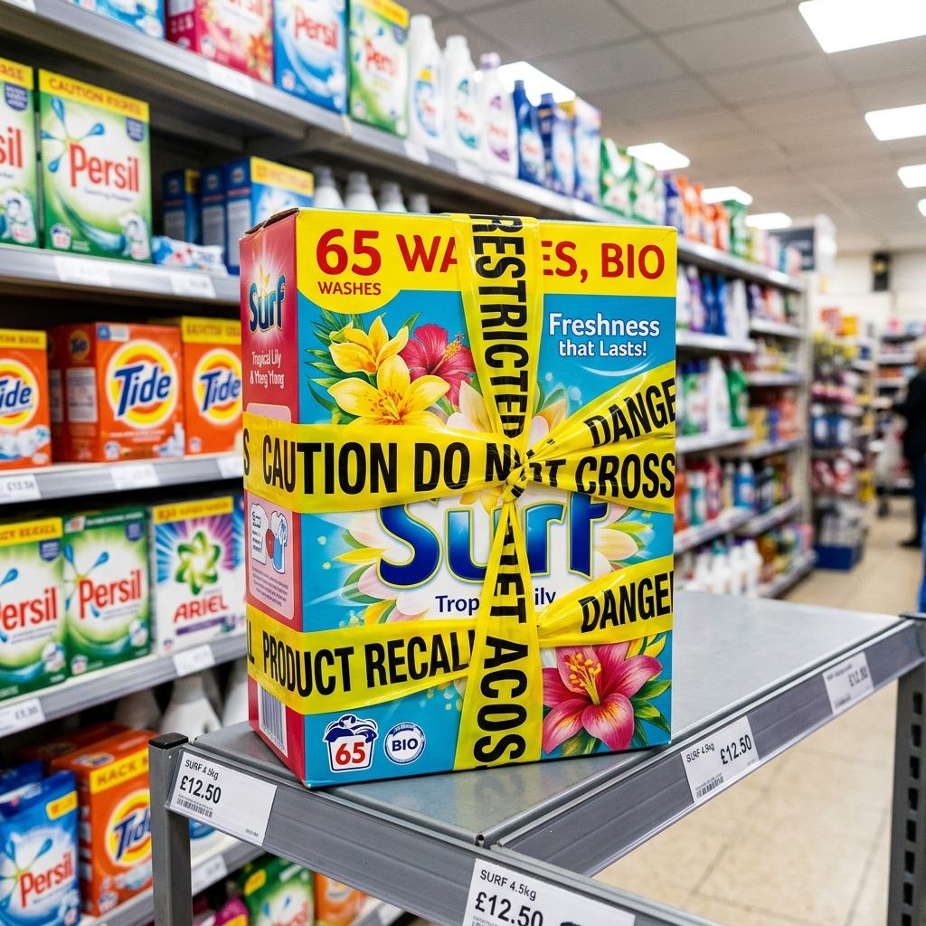A box of laundry detergent on a supermarket shelf wrapped in warning tape