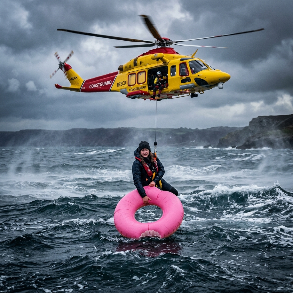 A rescue team helping a man floating on a giant pink inflatable doughnut in the open grey sea