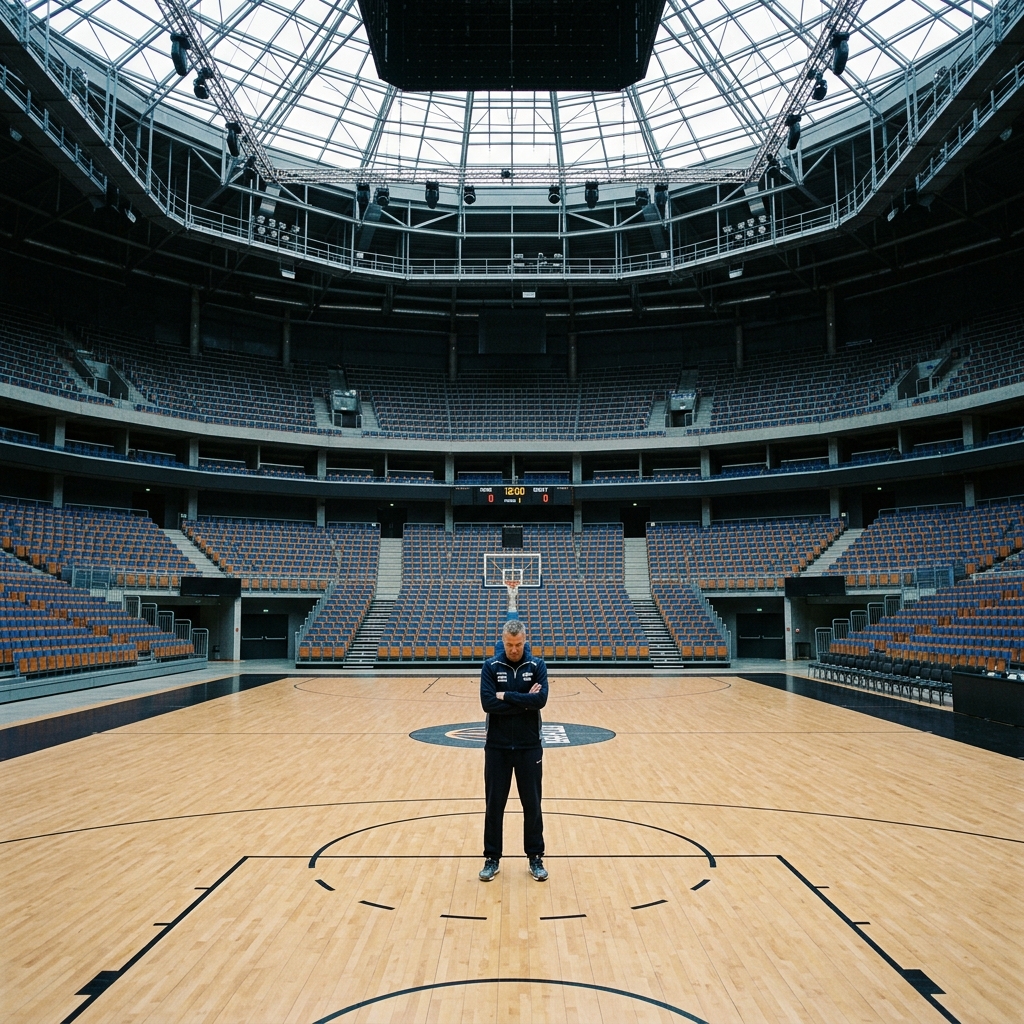 A sports coach standing in a massive, completely empty indoor sports arena