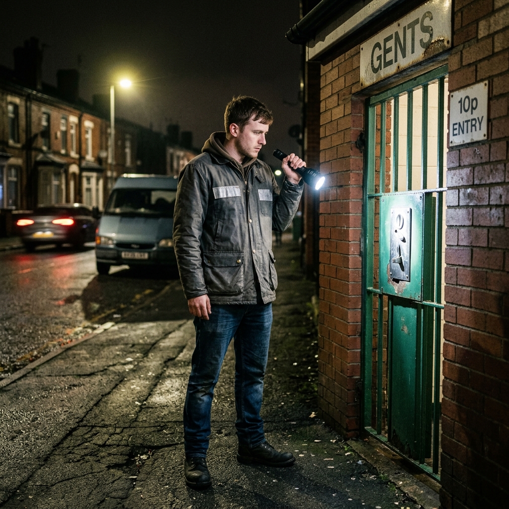 A neighborhood watch member shining a flashlight at a coin-operated public toilet lock in the dark