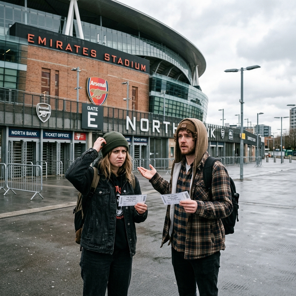 Confused concertgoers holding music event tickets outside an empty massive sports stadium
