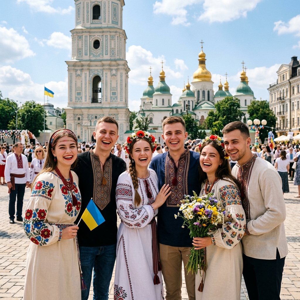 Smiling Ukrainian people wearing beautiful traditional embroidered shirts