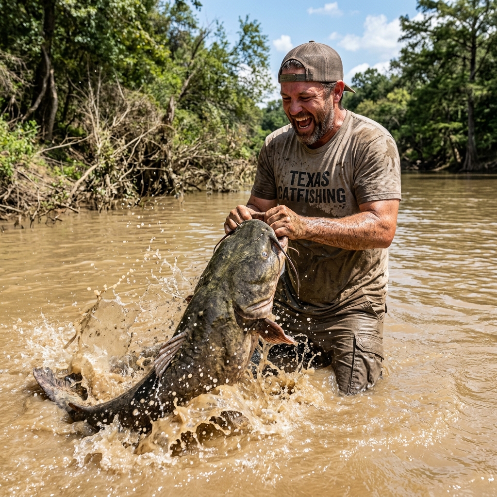 American fisherman holding a giant catfish caught with bare hands